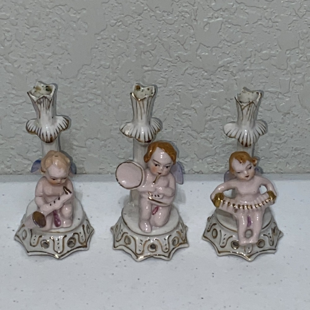 VTG Occupied Japan Porcelain Musician Band Figurines Cherub Angel Bud Vase Set 3